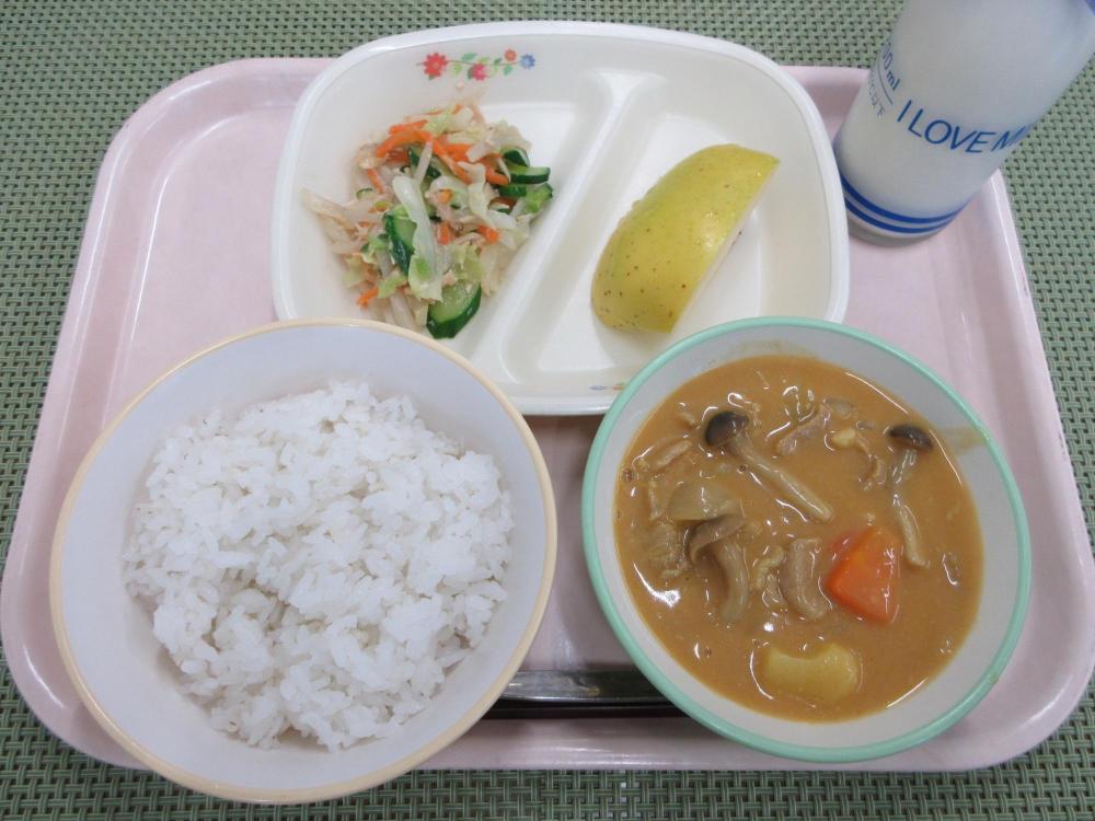 ごはん　牛乳　きのこの秋色カレー　ごぼうサラダ　山ノ内のりんご（シナノゴールド）