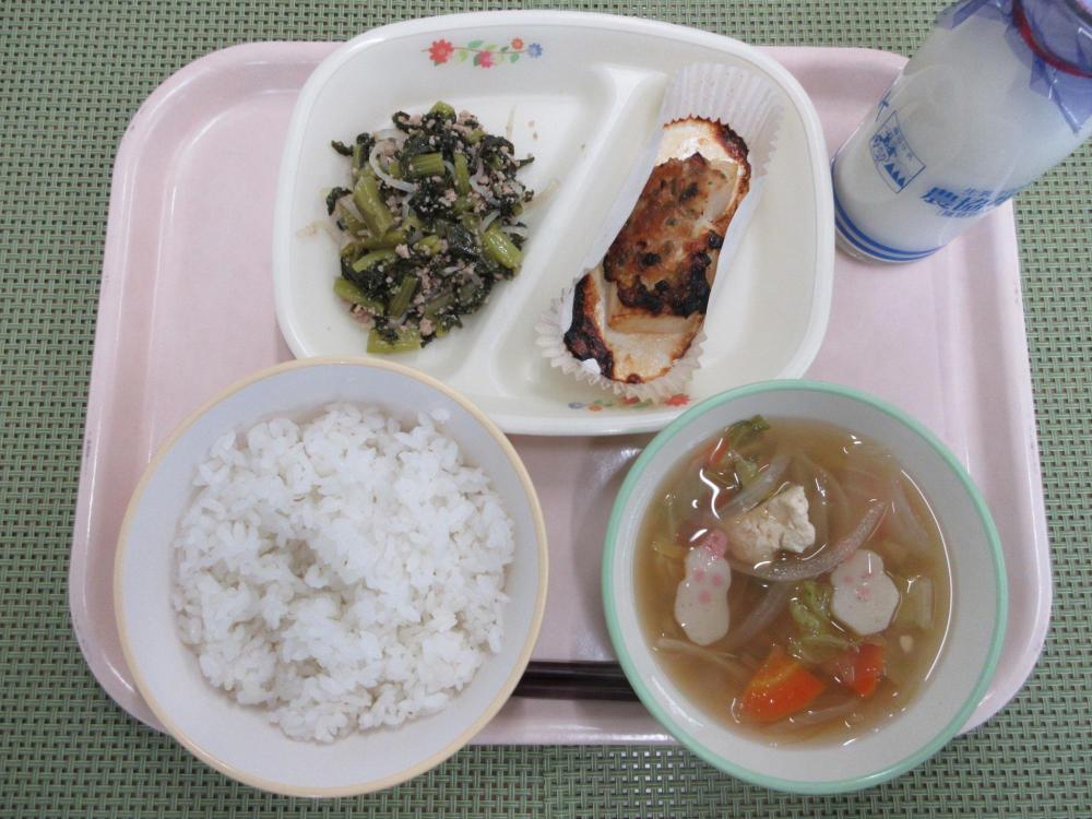 ごはん　牛乳　ふぶき汁　カレイのねぎみそ焼き　野沢菜のひき肉炒め